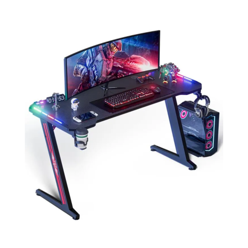 WeValley Bureau Gaming LED, 140 x 60cm Grande Bureau Gamer avec Un Plateau en Fibre de Carbone, Noir