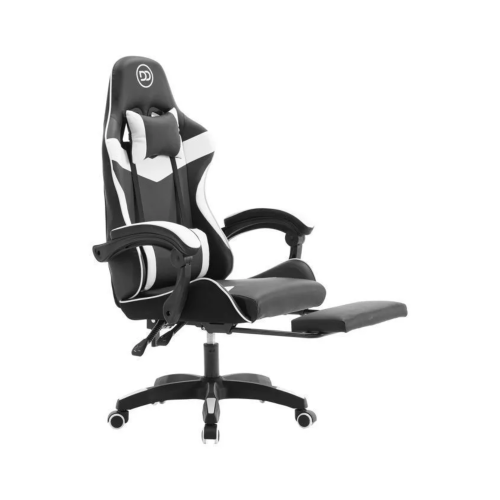 Chaise Gaming DD – Noir et blanc – Ergonomique – Inclinable 90°-150° – Appui-tête et coussin lombaire avec Repose-Pieds