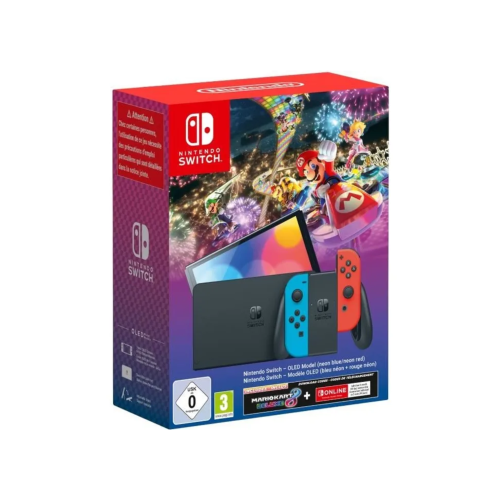 Console Nintendo Switch – Modèle OLED • Bleu Néon & Rouge Néon + Mario Kart 8 Deluxe (Code) + 3 mois d’abonnement NSO (Code)