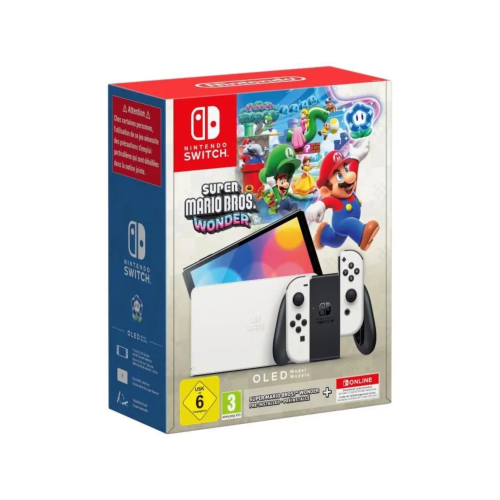 Console Nintendo Switch – Modèle OLED • Blanc + Super Mario Bros. Wonder (Pré-installé) + 12 mois d’abonnement NSO (Code)